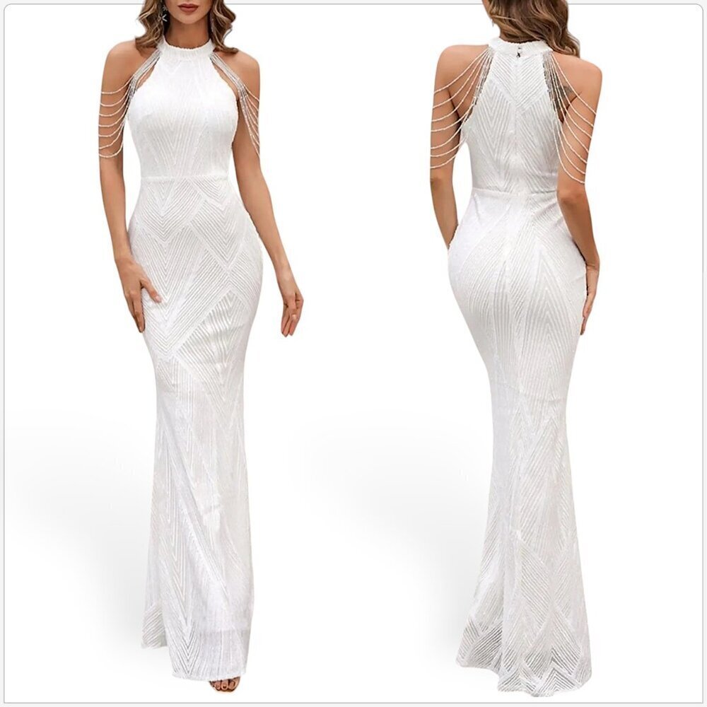 Elegant White Maxi Dress with Beaded Shoulder Chains